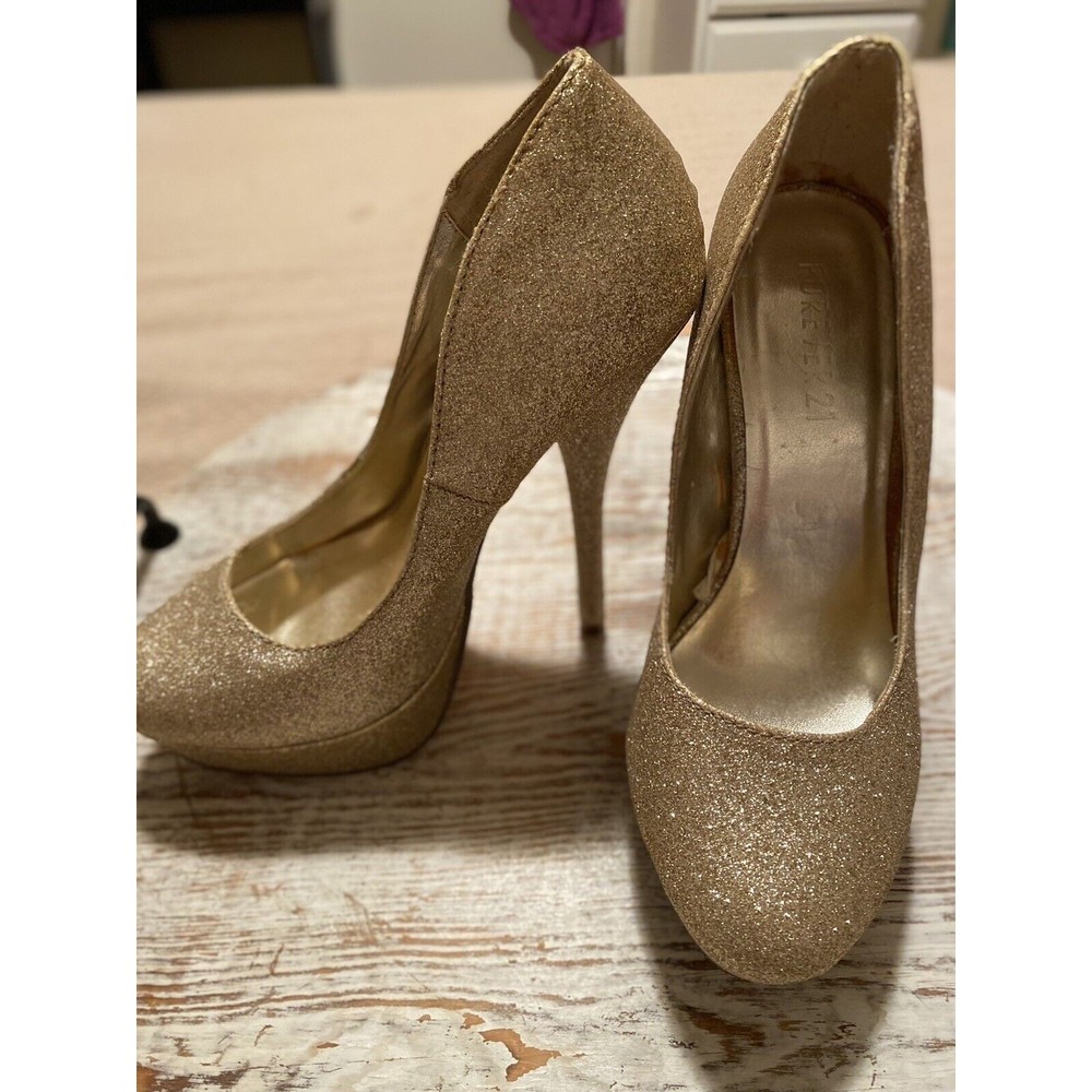 Forever 21 Womens Platform Heels Shoes Sz 7 Gold Glitter Metallic Club Evening